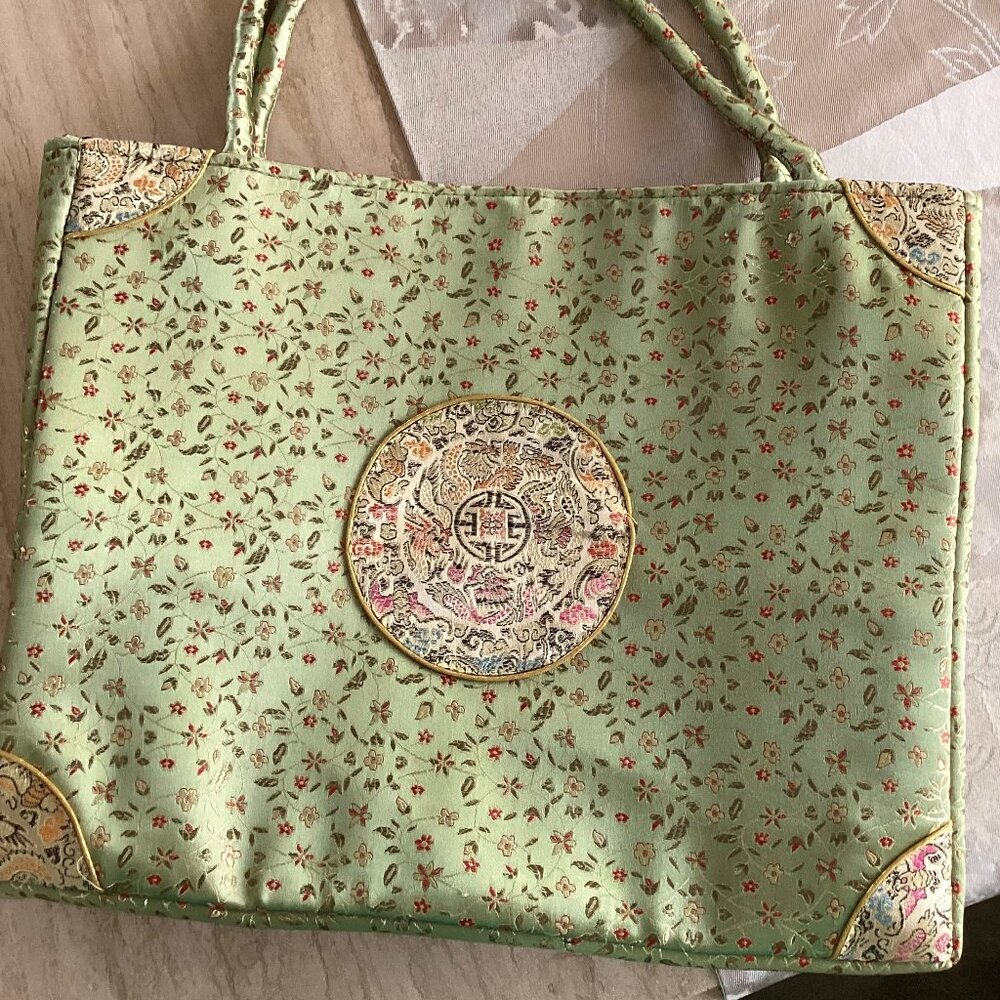 Green brocade tote bag, purse, 16" x 12.5" x 2.5"